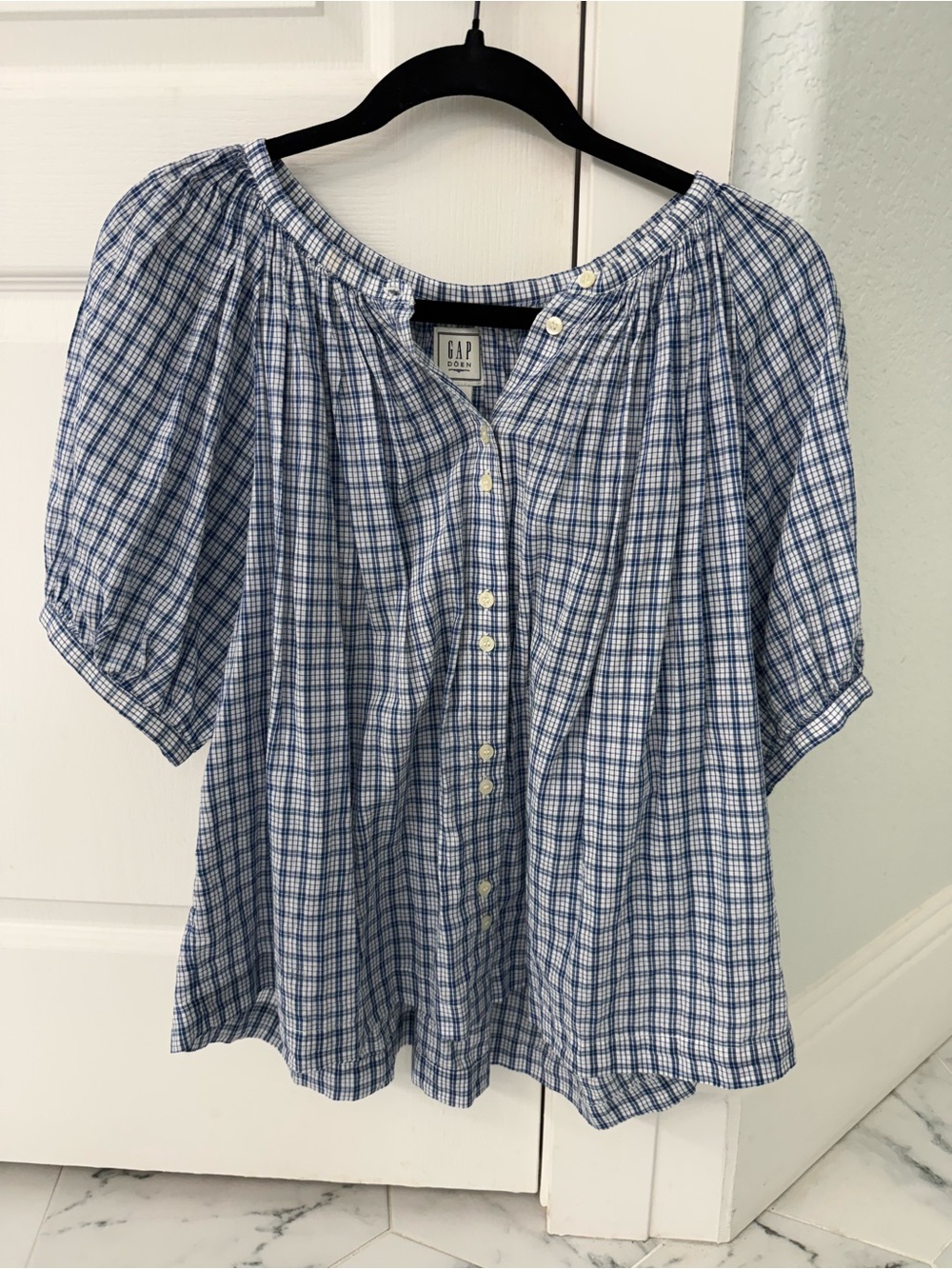 GAP x Doen Blue and White Plaid Button-Front Women's Top